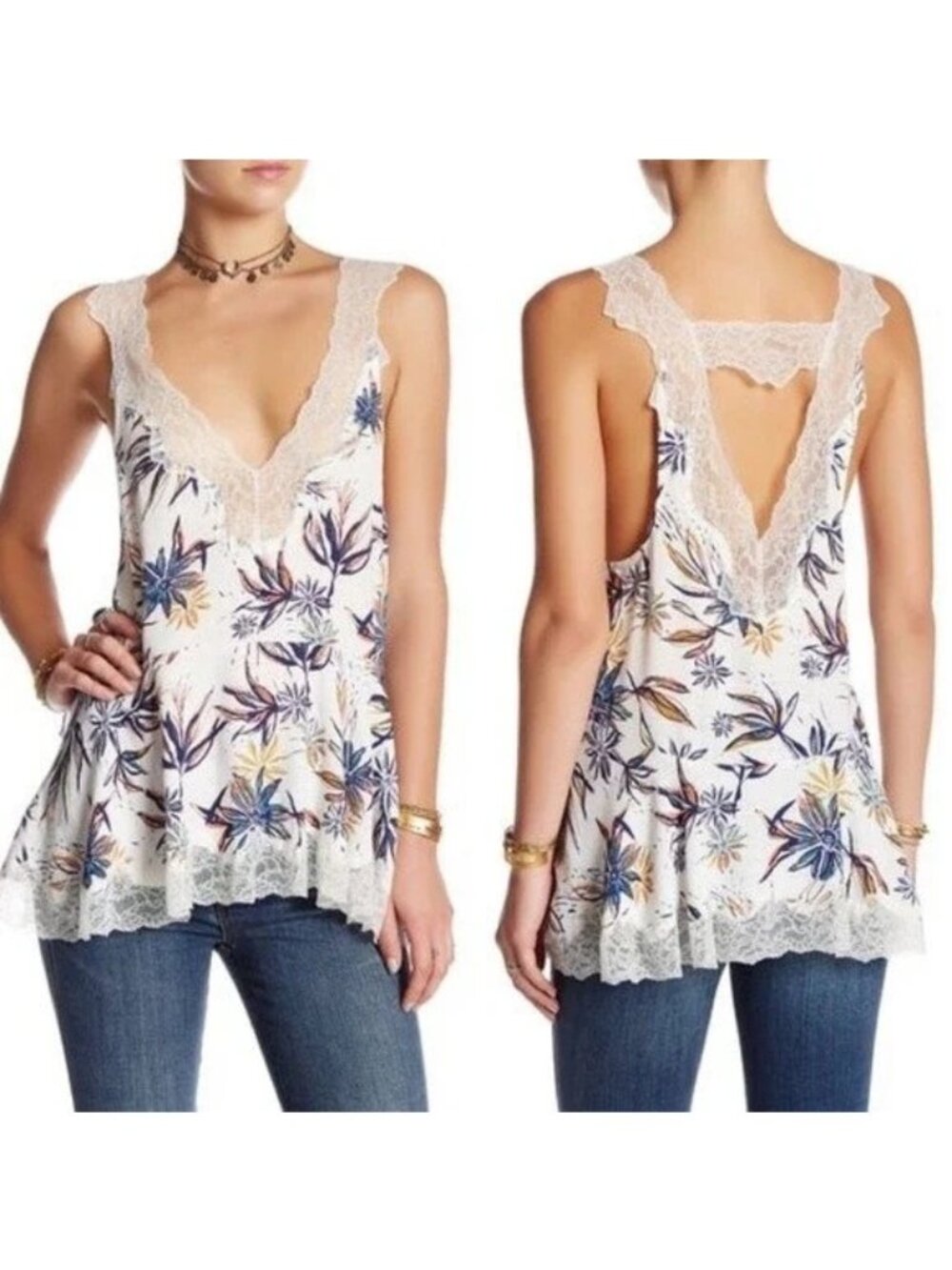 Free People Intimately Tunic Top Medium Bell Flower Double V Ivory Combo Beach